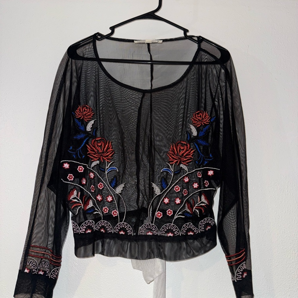 Hippie Laundry Black Sheer Top with Red and Blue Embroidery